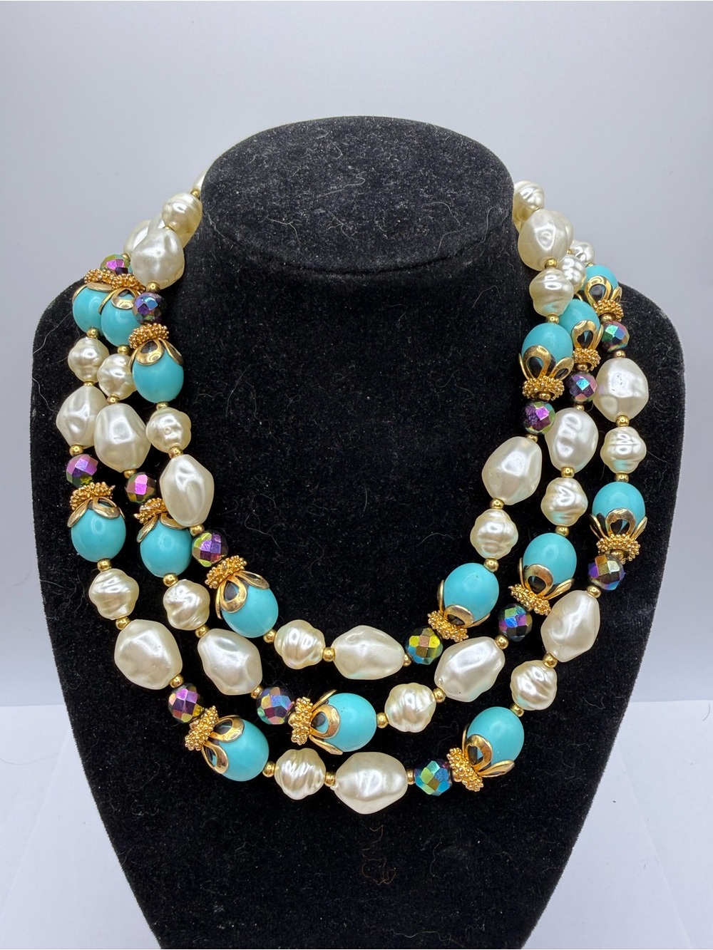 Vintage Deauville Triple Strand Pearl Turquoise Necklace